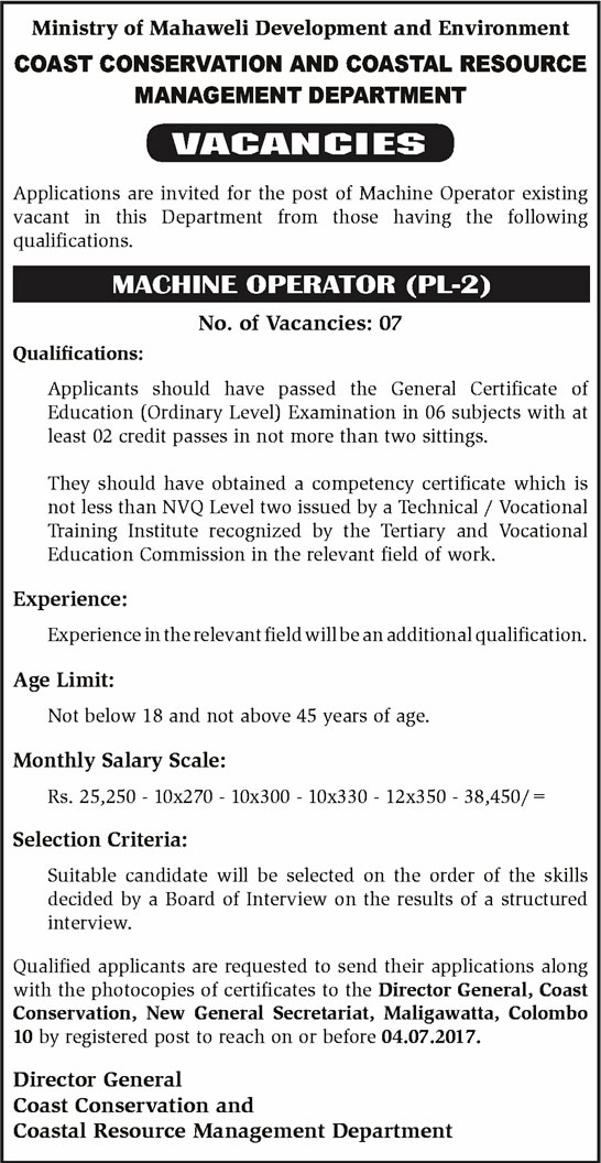 Machine Operator - Coast Conservation & Coastal Resource Management Department
